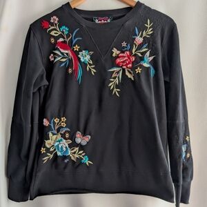 Johnny Was Embroidered Floral Butterflies Black Cotton Sweatshirt - S